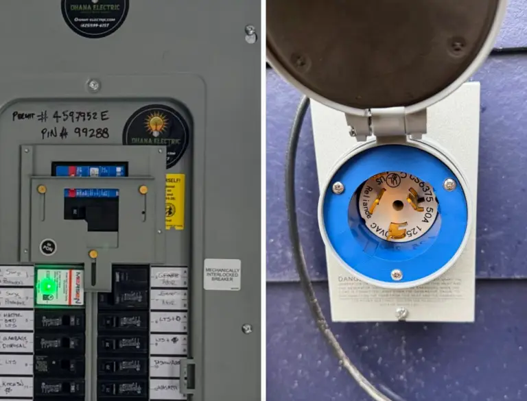 Split view of a residential 50 amp generator interlock at the panel and matching exterior inlet